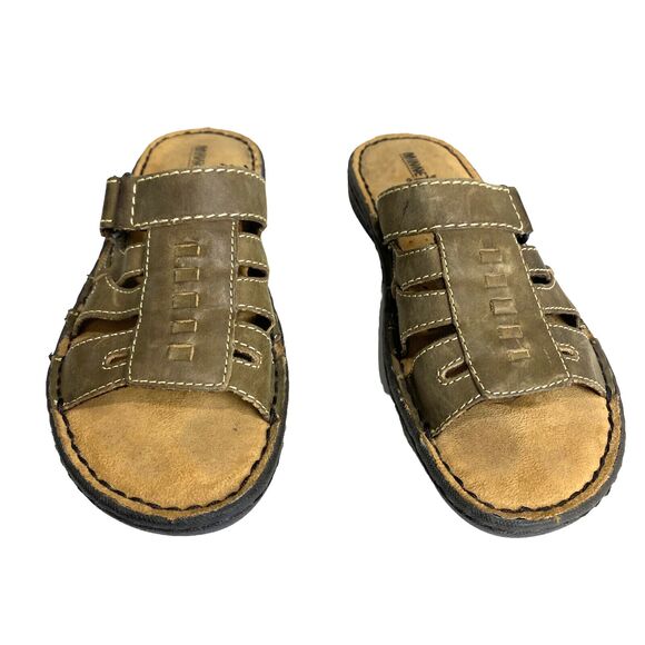 Minnetonka Slip On Leather Sandals Womens 7 Brown with Hook & Loop Closure - Picture 2 of 9